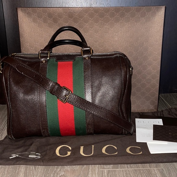 Authentic Gucci Medium Web Boston Bag - Brown - Picture 2 of 16